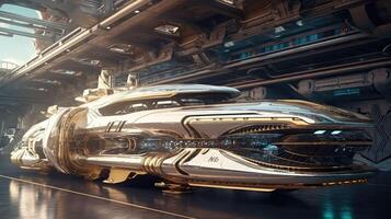Fantasy spaceship scene against the backdrop of a futuristic city. This is a 3D rendering of the illustration.. Created with photo