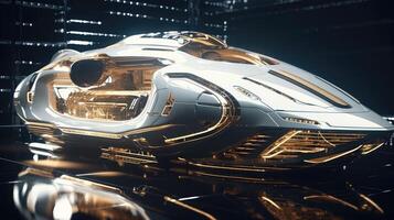 Fantasy spaceship scene against the backdrop of a futuristic city. This is a 3D rendering of the illustration.. Created with photo