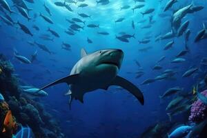 coral arrecife lleno de pescado y tiburones Oceano . ai generado foto