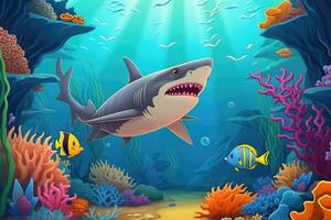 Cute Cartoon Shark Drawing Bright Coral Reef Background . photo