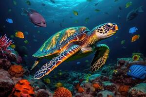 turtle swimming through luminescent vibrant colorful coral reef . photo