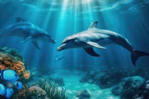 Beautiful dolphins under the sea . photo