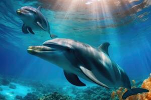 Beautiful dolphins under the sea . photo