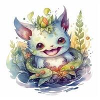 adorable cute funny fantasy creatures peaceful smile, watercolour . photo