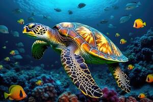 turtle swimming through luminescent vibrant colorful coral reef . photo