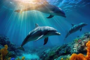 Beautiful dolphins under the sea . photo