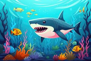 Cute Cartoon Shark Drawing Bright Coral Reef Background . photo