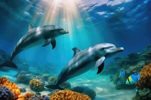 Beautiful dolphins under the sea . photo