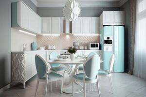 Modern new light interior of kitchen with white furniture and dining table . photo