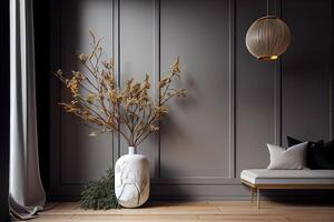 Interior background of room with beige stucco wall and pot . photo