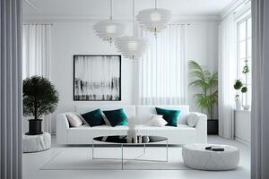 Modern interior design of cozy apartment, living room with sofa . photo