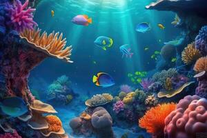 underwater coral reef full of sea creatures . photo