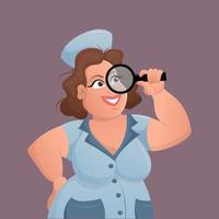 bonito mujer oftalmólogo en hospital uniforme con aumentador vaso y aumentador vaso. comprobación vista con lente. buscando para pequeño objetos. dibujos animados vector ilustración.