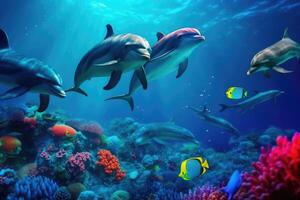 Beautiful dolphins under the sea . AI Generated photo
