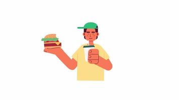 adolescente desfrutando comida rápida animação. masculino aluna bebendo com Hamburguer de queijo isolado 2d desenho animado plano personagem 4k vídeo cenas em branco fundo com alfa canal transparência para rede Projeto video