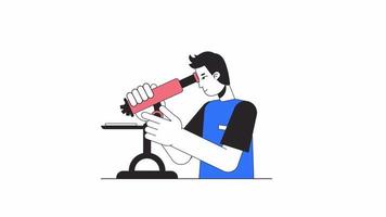 Biological scientist animation. Male lab worker with microscope isolated 2D cartoon flat colour line character 4K video footage on white background with alpha channel transparency for web design