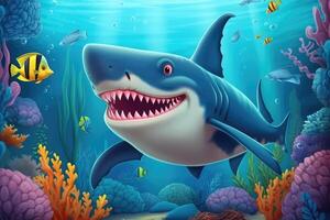 Cute Cartoon Shark Drawing Bright Coral Reef Background . photo