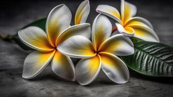 frangipani en gris fondo, generado ai imagen foto