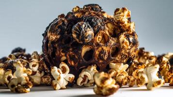 burnt popcorn on white background, image photo