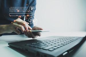 AI technology, Artificial Intelligence, Chatbot Chat and talk with AI, Using for search and find data by command prompt, robot learning machine create or generate picture or article auto photo