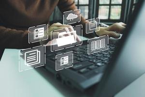 Document Management System DMS, Online document database management, Organization document Organized, automated processes to manage files, ERP enterprise efficient, business technology. photo