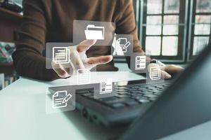 Document Management System DMS, Online document database management, Organization document Organized, automated processes to manage files, ERP enterprise efficient, business technology. photo
