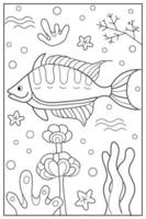 Underwater life in the sea, ocean. Hand drawn coloring for kids and adults. Beautiful simple drawings with patterns. Coloring book pictures with fish. Vector