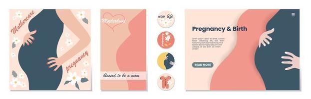 Set of banner templates for websites, or advertising, landing page, media post and stories. Pregnant woman. Mother day greeting. Health care, female, motherhood. Minimalism style. vector