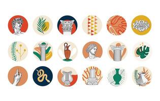 Sculpture art, Greek antique. Story highlighting icons collection for social media. Ancient Round sticker set. Trendy bohemian illustrations. Modern boho stickers for web, app and brand design. vector