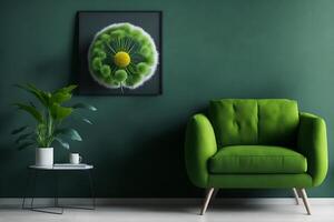 In the inside of a living room, a green armchair is positioned between a plant and a dandelion. with copy space and grey painting, photo