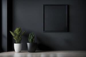 Mockup frame on a wall in a living room interior on an empty dark wall background, 3D rendering, photo