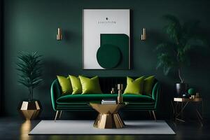 luxury living room in house with modern interior design, green velvet sofa, coffee table, pouf, gold decoration, plant, lamp, carpet, mock up poster frame and elegant accessories, AI Generated photo