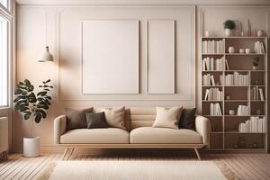 beige room interior with sofa, wooden bookshelf with books and decoration, carpet and parquet floor. mockup blank copy space frame poster, 3d rendering, photo