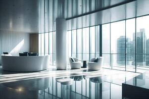 luxury white reception in a business office in a skyscraper with glass big window that shows other building, chairs and table interior design, furniture decoration, photo