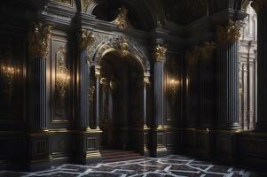 oro y negro barroco estilo portal de un palacio, columnas interior palacio diseño, ai generado foto