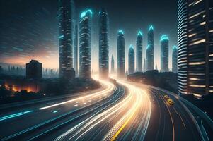 high speed traffic at night in a technological metropolis city with glowing lines in the highway among skyscrapers buildings, photo