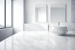 Modern bathroom interior design, white marble table and mirror with basin, photo