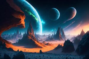 Lots of planets above the mountains in a fantasy aesthetic scene, the planets in deep space, with lots of fun colors, landscape photo