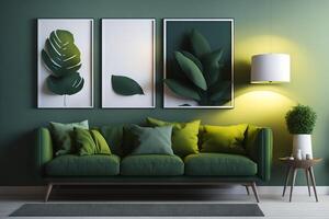 contemporary interior design for 3 poster frames in living room mock up with green couch, wooden pot and floor lamp, template, 3d render, illustration, photo