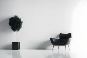 un Sillón en un contemporáneo, minimalista ajuste en contra un antecedentes de un blanco blanco pared.ai generado, 3d representación foto