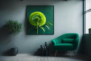 In the inside of a living room, a green armchair is positioned between a plant and a dandelion. with copy space and grey painting, photo