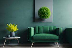 In the inside of a living room, a green armchair is positioned between a plant and a dandelion. with copy space and grey painting, photo