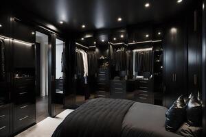 Elegant bedroom with walk in wardrobe hidden behind a sleek black and mirrored wall, photo