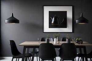 stylish dining room interior with design wooden family table, black chairs, teapot with mug, mock up art paintings on the wall and elegant accessories in modern home decor., photo