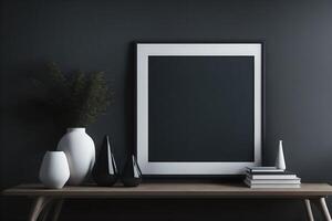 Mockup frame on a cabinet in a living room interior on an empty dark wall background, 3D rendering, photo