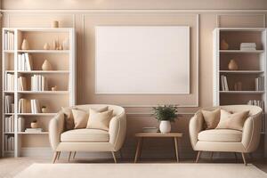 beige habitación interior con dos sillones, de madera estante para libros con libros y decoración, alfombra y parquet piso. Bosquejo blanco Copiar espacio marco póster, 3d representación, ai generado foto