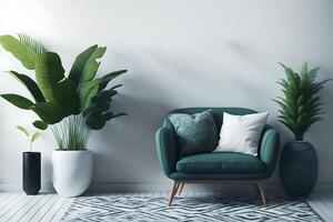 simple urban jungle style interior with green armchair, green plaid, tropical pattern pillow and plant on white wall background. 3d rendering., photo