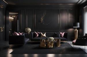 large living room in a dark style, black sofa, rose pink pillows, and gold table on a black wall black lamp, AI Generated photo
