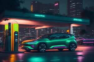 An electronic car parked at an electric station charging, neon's illustration, in a clean environment around buildings and skyscrapers, eco concept, photo