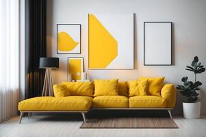 modern living room with yellow sofa, white wall and mockup and table background, photo